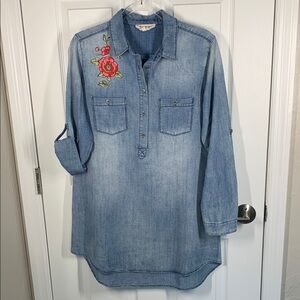 En Creme denim shirt/ dress with embroidered flowers size medium